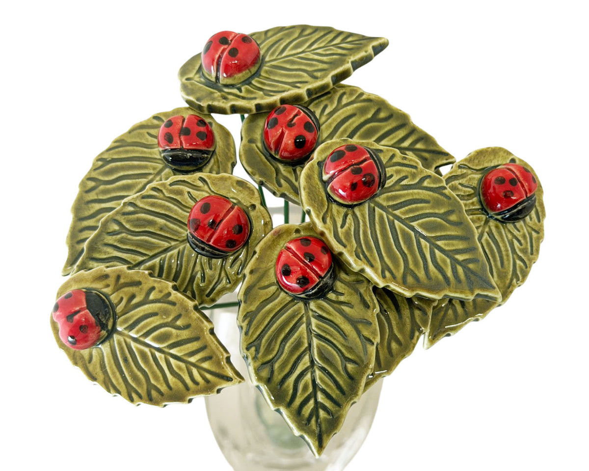 Leaf & Ladybug Accent Ceramic Flower